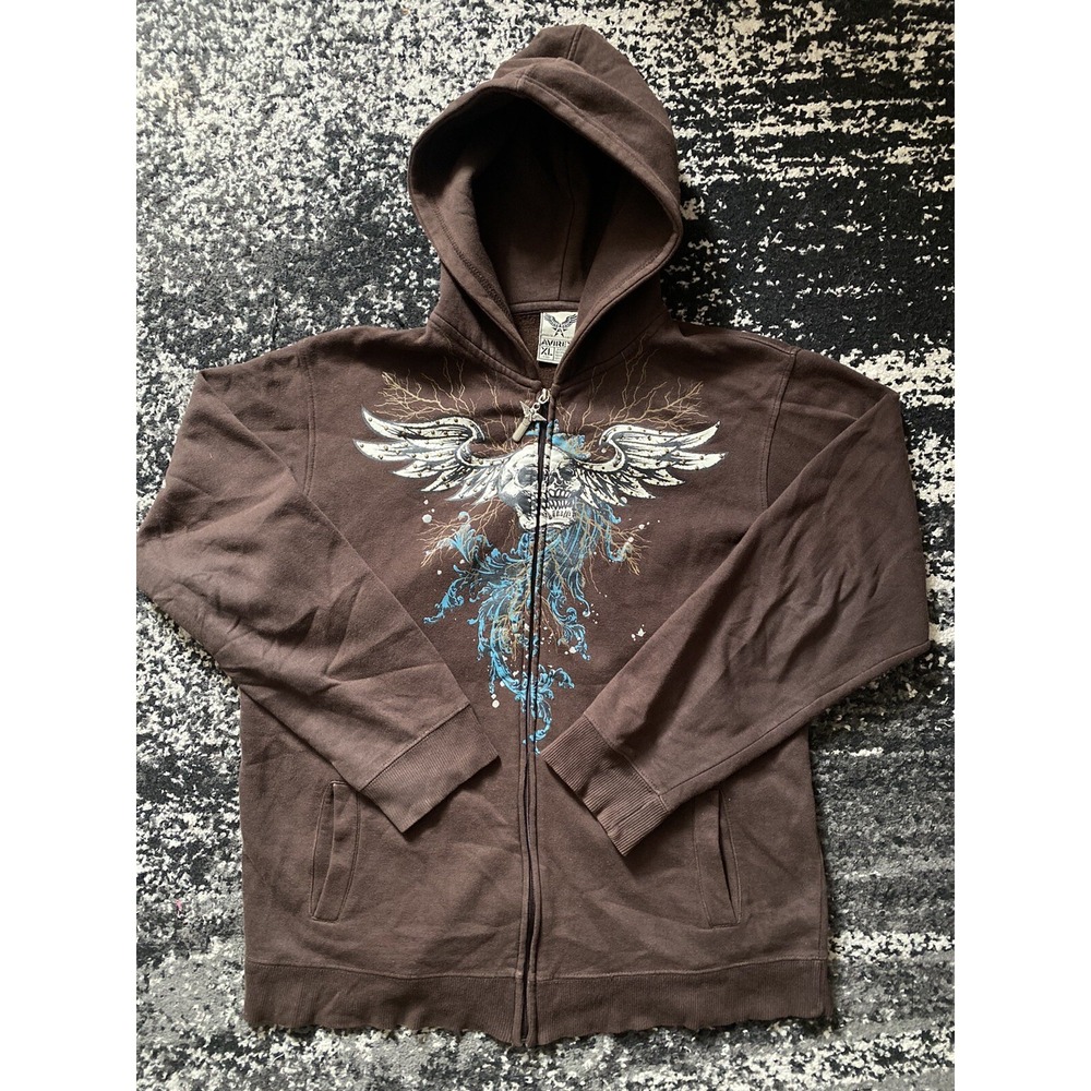 Vintage Avirex Hoodie Men's XL Brown Full Zip Skull Winged Cyber Goth Skater
